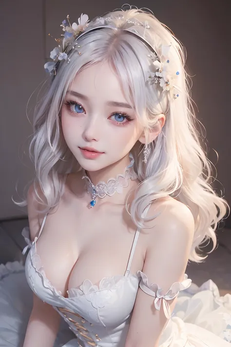 ((top-quality:1.3、8K、​masterpiece))、1girl in、Detailed Face 1:3、kawaii faces、Beautiful face、A detailed eye、a smile、Pretty Woman、full bodyesbian、lolita fashion、White gold hair、Half twin hair