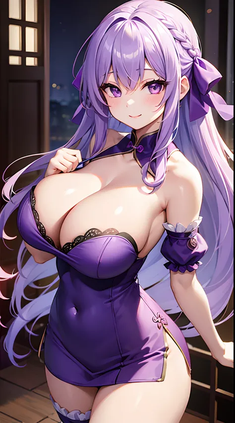 1 girl, game CG, topless short purple cheongsam, cleavage visible, hair ribbon, gigantic breasts, light purple hair, long hair, french braid, purple eyes, smile,