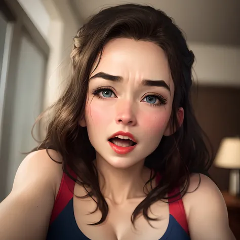 realisticlying、30 year old girl，Chest super large zoom，Cleavage emphasis，Looking up from the bottom，Blue eyes，Blushing，Red lips，A sexy、stick out your tongue and open your mouth wide、Banzai、Wrinkles between the eyebrows，Sweaty face、barechested, Realistic, 
...