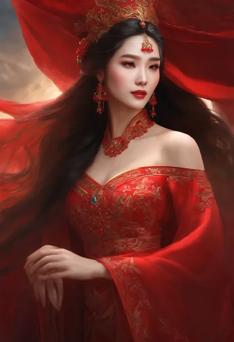 a close up of a woman in a red dress with a veil, a character portrait inspired by Lan Ying, cgsociety contest winner, Fantasy art, a beautiful fantasy empress, Palace ， A girl in Hanfu, The art in the style of Guvez