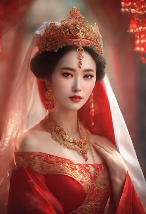 a close up of a woman in a red dress with a veil, a character portrait inspired by Lan Ying, cgsociety contest winner, Fantasy art, a beautiful fantasy empress, Palace ， A girl in Hanfu, The art in the style of Guvez