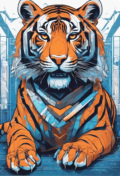 "Theme: Tiger, Main Color: Blue, Secondary Color: Orange, Background: Black, Style: Cyberpunk, Shapes: {Shapes}, Textures: {Textures}, Lines Description: {Lines Description}, Form Description: {Form Description}"