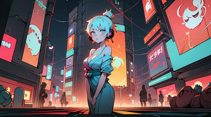 1girl, sexy anime, headphones, glowing skin, beautiful background, beautiful sky, aesthetic, vanilla, night, cleavage, Japan, Tokyo city, colorful lights, modern cityscape, neon signs, urban vibe, street fashion, bustling streets, moonlit atmosphere, elega...