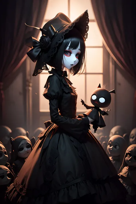 FNA the black puppet girl with a white creepy mask, tall slim skinny, black eyes, holding a music box