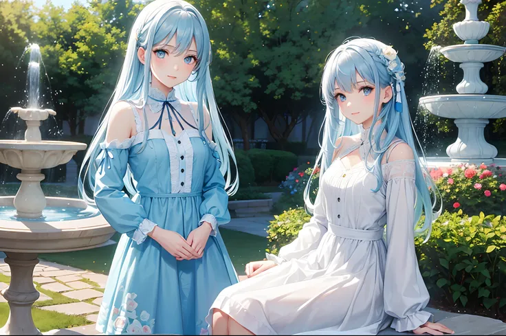 Best Quality, tmasterpiece, 20-year-old cute girl, Long light blue hair, e Blue Eyes, Garden with fountain, Gentle face, Wear a floral long-sleeved dress, Show your upper body, Shining sunlight