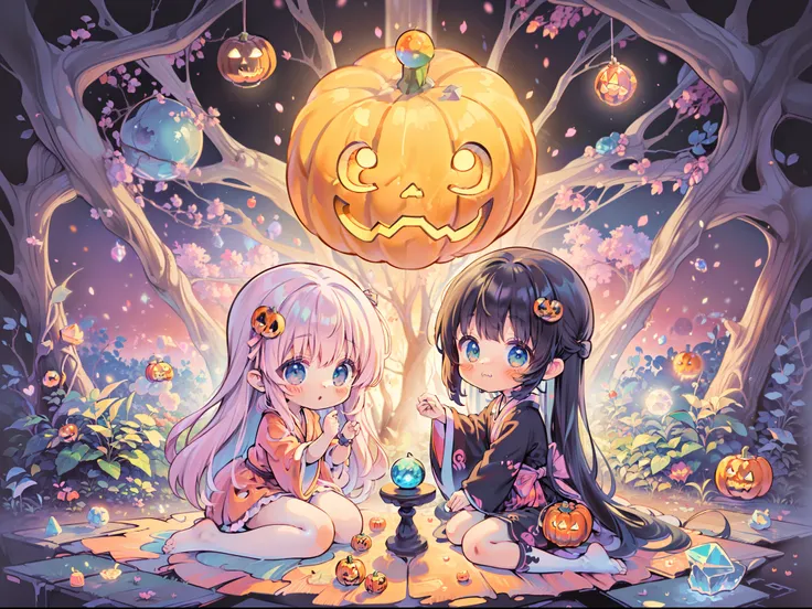 (masterpiece),(best quality),(floating),(high resolution),(dynamic angle),(beautiful Japanese woman),Jack-o-lantern(kawaii, Cute, Tiny, chibi:1.3), (floating Jack-o-lantern in crystal sphere:1.4), (autumn leaf),(W-sitting),(embarrassed),(heart eyes), (hand...