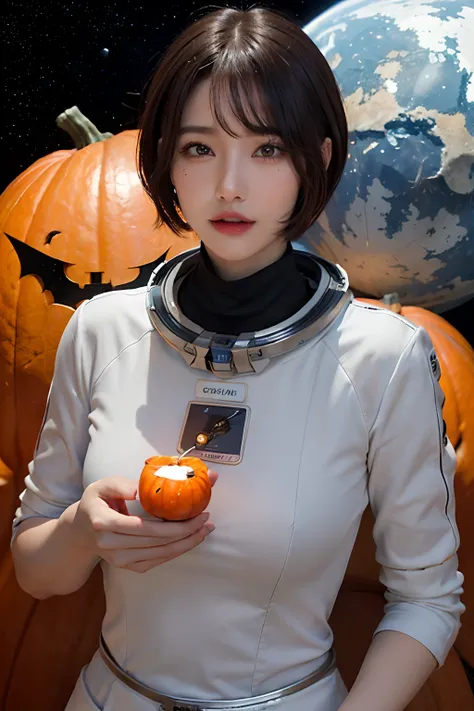 top-quality、​masterpiece、超A high resolution、(realisitic:1.4)、Beautuful Women１、Beautiful detail eyes and skin、ssmile、Light brown short-cut hair、The perfect spacesuit、spaceships、cosmic space、Giant pumpkin、the bats、Halloween、