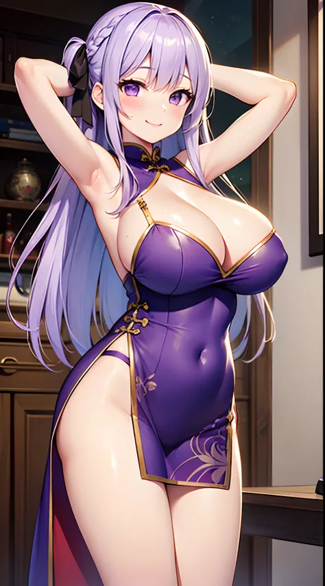 1 girl, game CG, topless short purple cheongsam, cleavage visible, hair ribbon, gigantic breasts, light purple hair, long hair, french braid, purple eyes, smile, arms up,