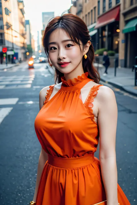 a woman posing on the street corner with light orange dress on, best quality, high res, 8k, 1girl, (huge breasts), day, bright, outdoor, (street:0.8), (people, crowds:1), (lace-trimmed dress:1.5, light orange clothes:1.5, orange high-neck dress:1.5, sleeve...