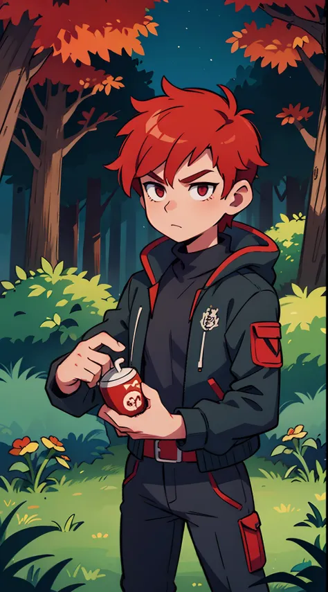 1 red haired male character in the forest at the night time, wearing a black jacket