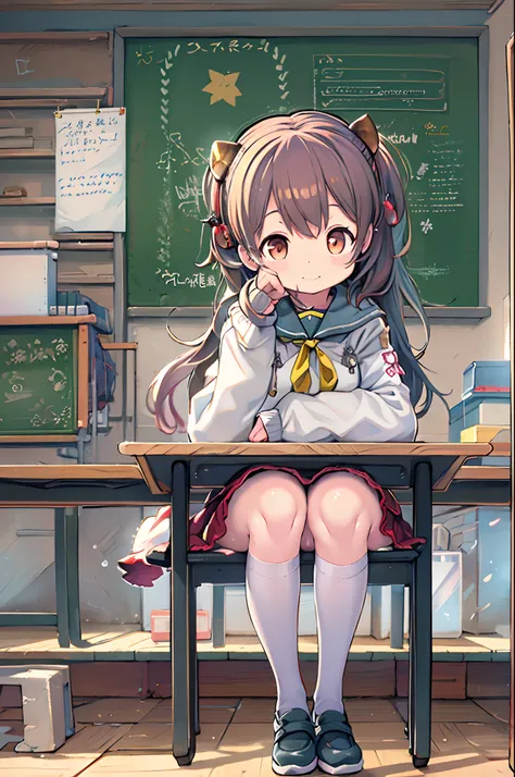 Anime girl sitting at a classroom desk with her hand on her chin, small curvy loli, Anime visuals of cute girls, Kantai Collection Style, anime moe art style, splash art anime loli, best anime 4k konachan wallpaper, the anime girl is crouching, Cute anime ...