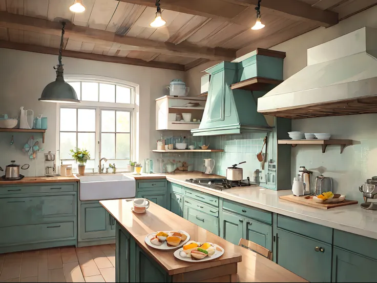 a clean pastel colors kitchen cozy, with breakfast in the counter, delicious food, coffee and eggs, high details, bright light, good morning, fresh day, start the day with a good cup of coffee and eggs, beautiful decoration, 4k unreal engine, illustration,...