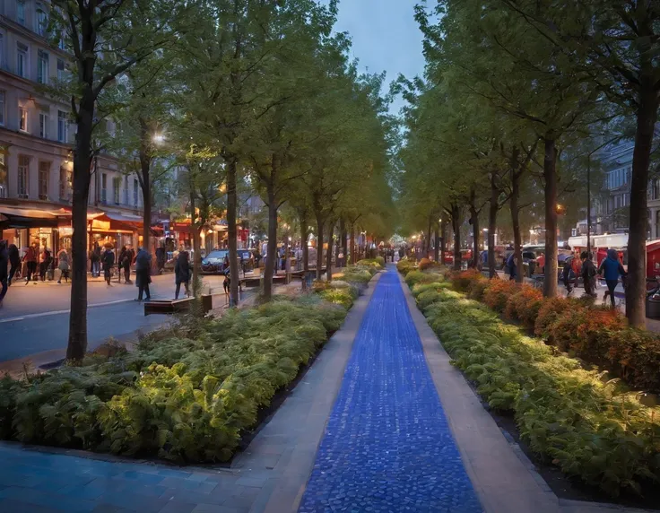 (tactical urbanism:1.1, river side pedestrianized street,blue cycle path,diverse pedestrian crossings,tree planting,street furniture,cityscape,night lights,vibrant colors,modern design)