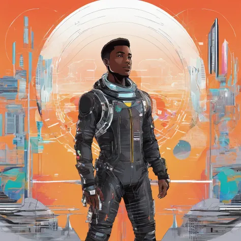 A black man with his arms crossed, Head held high wearing black astronaut jacket, em um mundo futurista e colorido