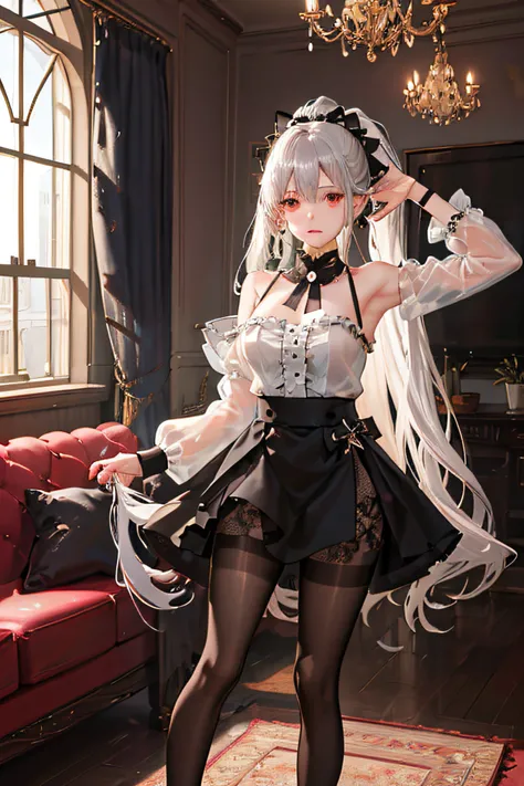 1 girl! Ray tracing, best shadows, high resolution (dim lighting) detailed background (living room) fluffy silver hair, plump and slender girl, high ponytail avoiding golden eyes in the ominous living room ( girl, black wrinkled skirt, with black transpare...