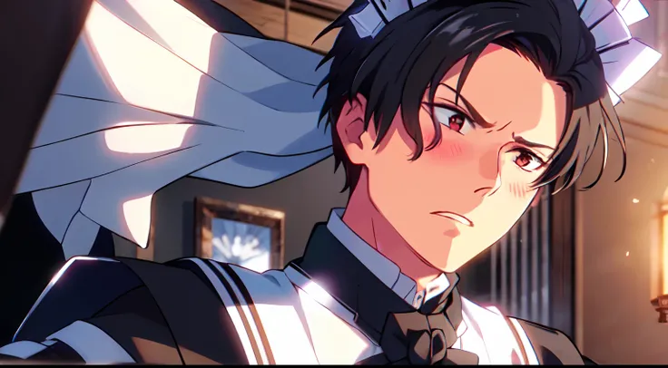 masterpiece, (1Man), luci, red eyes, black hair, maid outfit, maid head accessories, flustered, angry blush, looking away, maid cafe