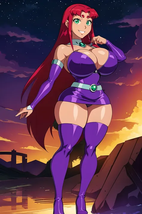 Teen titans, Starfire, anime, masterpiece, 1girl, ((bimbo))), smile face, green eyes, long red hair, ps, wide hips, thick thigh, big breast, huge ass, shiny skin, purple skirt, purple top,  full body, kimono