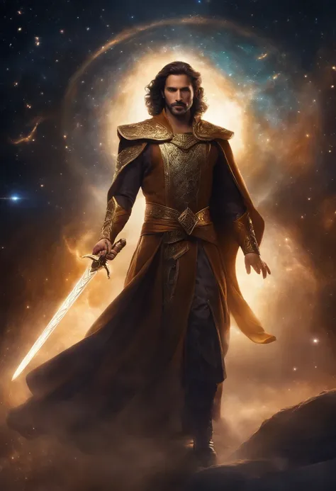 The Astral Sabres enigmatic male master stands amid an ancient celestial chamber, a celestial sage with a shimmering cloak adorned with stardust. His ethereal presence invokes a cosmic connection that mirrors the swords blade. When he wields the slender sw...