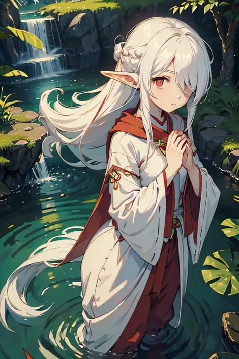 (masterpiece), elf ears, 1 young girl, high quality, red eyes, (hair over one eye, long, white hair), shy ,((fantasy green druid...