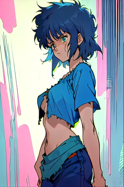 1girl as female survivor in rags, torso shot, shortstackBT, looking sad, in HNKstyle, 80s anime