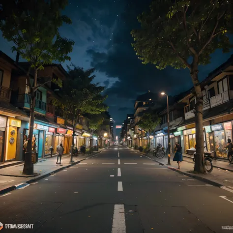 (tactical urbanism:1.1,Indonesian traditional style design architecture,pedestrianized street,blue cycle path,diverse pedestrian crossings,tree planting,street furniture,cityscape,night lights,sculpture,vibrant colors,modern design)