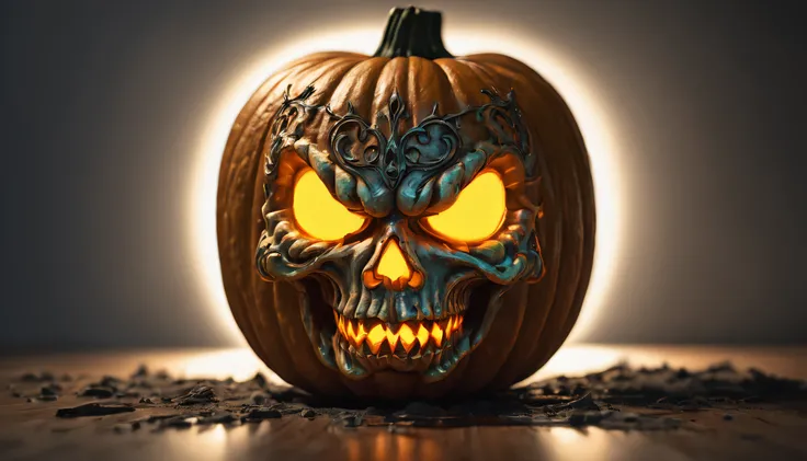 (glowing pumpkin), with a 3d skull engraved inside it,( jack - o- lantern), horror, highly detailed, pumpkin head, menacing, scary detailed art in color, carving, its detailed intricate, insanly detailed, creepy carved expression, carved, eerie highly deta...