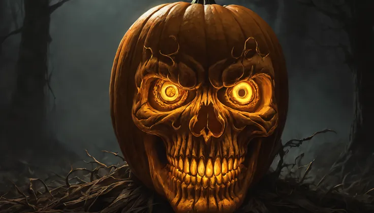 glowing pumpkin with a skull on it, jack - o- lantern, horror, highly detailed, pumpkin head, menacing, scary detailed art in color, carving, its detailed intricate, insanly detailed, creepy carved expression, carved, eerie highly detailed, menacing!!!, cr...