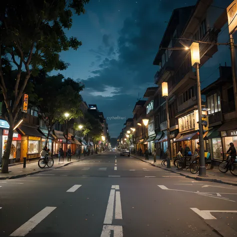 (tactical urbanism:1.1,Indonesian traditional style design,pedestrianized street,blue cycle path,diverse pedestrian crossings,tree planting,street furniture,cityscape,night lights,sculpture,vibrant colors,modern design)