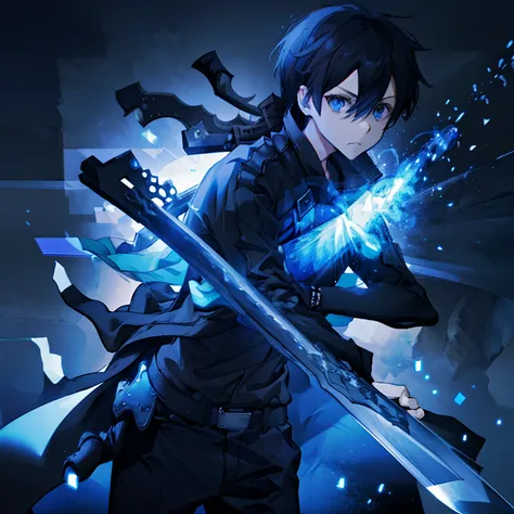 Kirito holding a sword, he is wearing black armor and the sword has blue shining