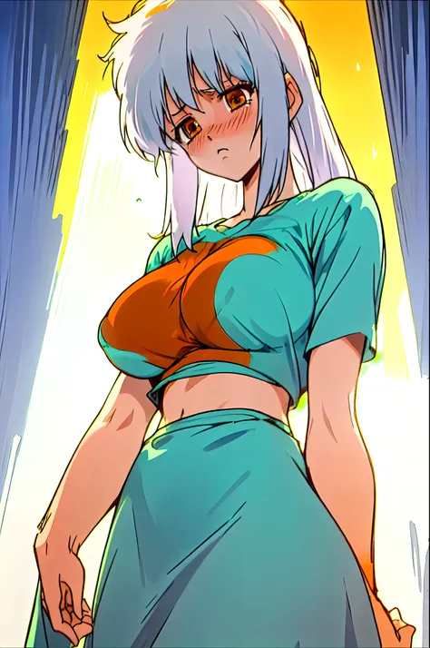 1girl as female survivor in rags, torso shot, oversized breast, blushing, orange eyes, white hair, front view, shortstackBT, looking sad, in HNKstyle, 80s anime