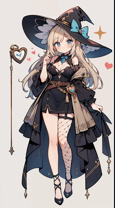 1girl in, fullllbody, Character Design, ((Soft Bang Light Beige Hair)), ((Eyes are blue)),  (Sauce order), ((White hairpin)), (Mole under the left eye), Long bangs, Eyes are hearts, Brainwashed, large full breasts, High quality, 痴女, Magic Makeover, Witch s...