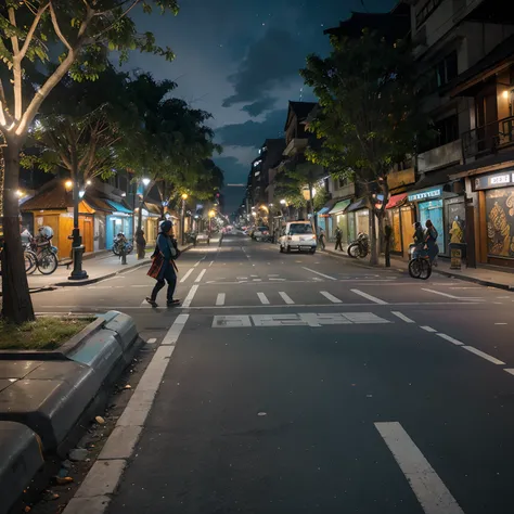 (tactical urbanism:1.1,Indonesian traditional style design architecture,pedestrianized street,blue cycle path,diverse pedestrian crossings,tree planting,street furniture,cityscape,night lights,sculpture,vibrant colors,modern design)