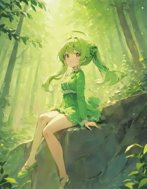 Sitting on a rock pose, Good anatomy, Super detailed illustration of cute anime fairy girl, Oneesan, Wearing a little cute green dress, long hair in pigtails, Pink hair color, Soft green fairy wings on the back, Musifer, Manga, Anime, teenager, Round numbe...