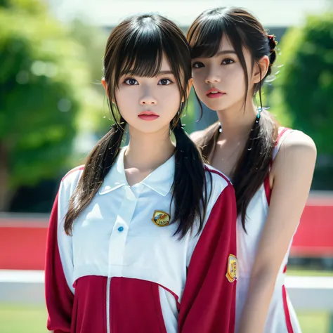 2 girls in、Beautiful mature college girl、Track attire、Outside Track Field、((Slimed、小柄))、Photorealsitic、a picture、​masterpiece、reallistic、真实感、photorealisim、High contrast、Artstation 8K HD Trending Photorealistic Digital Art HD High Definition Detailed Realis...