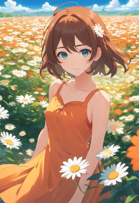 42K HD，with blue sky and white clouds，A sea of orange daisy flowers，Long brown hair，The beauty in the pink long dress spins in it，Handheld potted plants，Heart-shaped orange blossom，Planted with care，Beautiful and moving