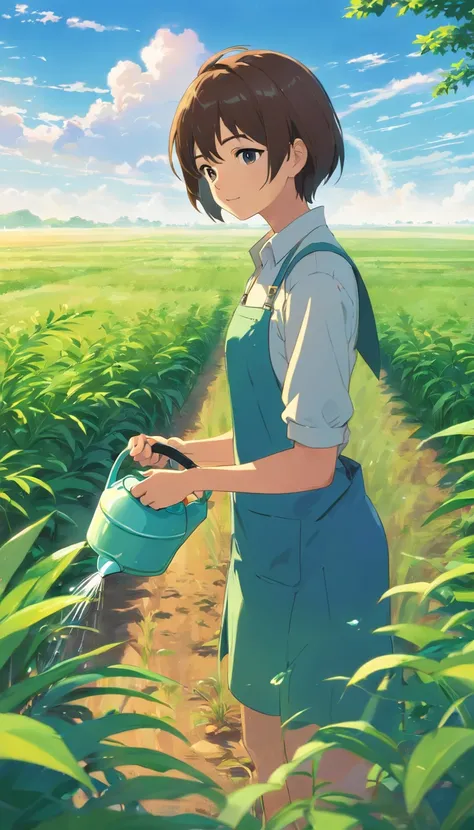 The woman is watering the plants in the field.