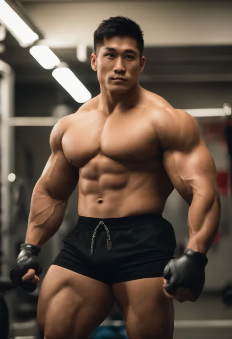 uscular young Japanese hunk, big muscles like the superhuman Hulk, round face, big droopy eyes, bodybuilder who loves to smile with a kind, sly smile, short cut, poses and angles with prominent pectoral muscles, gaze front, sexy bikini pants for men, chunk...