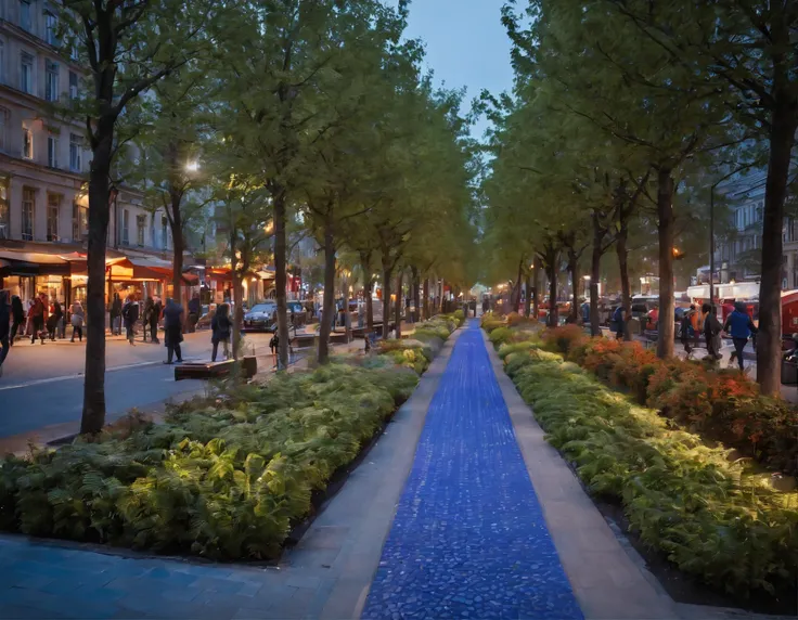 (tactical urbanism:1.1, river side pedestrianized street,blue cycle path,diverse pedestrian crossings,tree planting,street furniture,cityscape,night lights,vibrant colors,modern design)