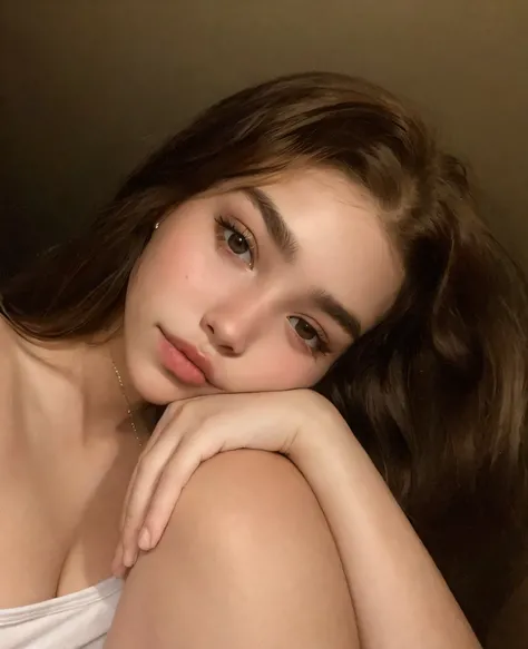 Theres a woman whos sitting with her hand on her shoulder, Retrato Sophie Mudd, 18 years old, cara muy bonita, cara extremadamente hermosa, foto de perfil, she is about 1 6 years old, 19 year old girl, Cara perfecta ), Cerveza Soft Devil Queen Madison, 🤤 g...