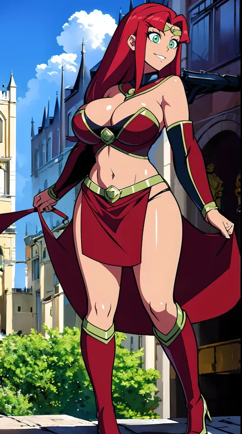 Teen titans, Starfire, anime, masterpiece, 1girl, ((bimbo))), smile face, green eyes, long red hair, , wide hips, thick thigh, big breast, huge ass, shiny skin, purple skirt, purple top, full body, /upscale (icone de um jogo), (icone de peitoral : 1.5), um...