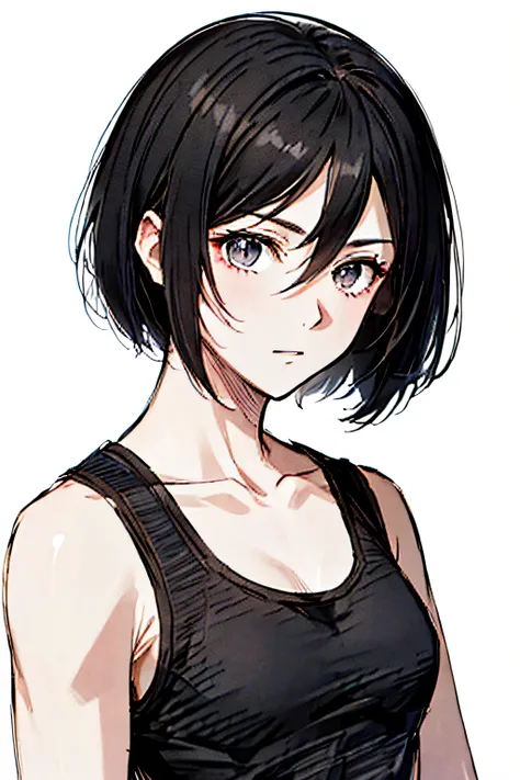 black hair, gray eyes, black tank top, pale skin, white skin, white background