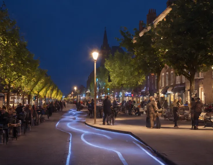 (tactical urbanism:1.1, river side pedestrianized street,blue cycle path,diverse pedestrian crossings,tree planting,street furniture,cityscape,night lights,vibrant colors,modern design)