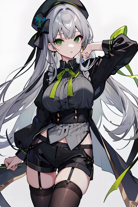 silber hair、Stockings、a matural female、large full breasts、Blouse、Green Ribbon、Black shorts、Black beret at back of the head