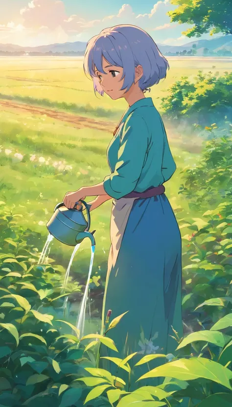 The old woman is watering the plants in the field.