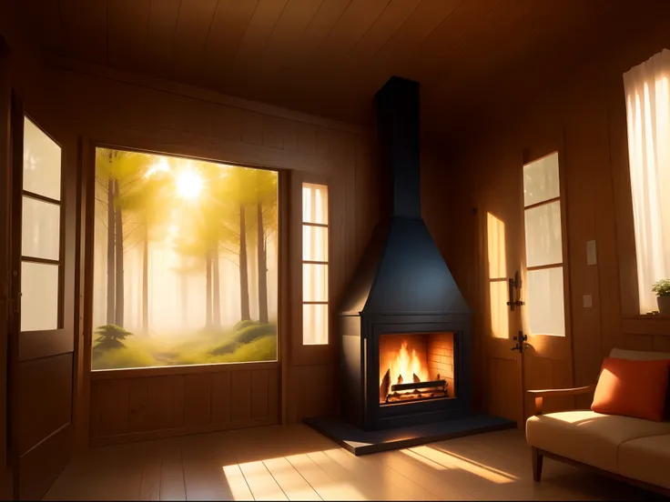 Warm illustration with blurred colors。Inside a wooden house in the forest。There is a fireplace。The sun is shining through the trees.。Stylish Western-style interior。