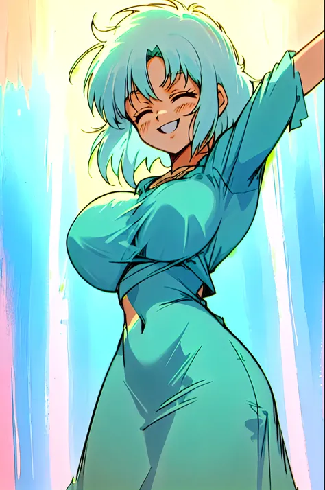 1girl as female survivor in rags, torso shot, hands in the air, oversized breast, smiling, victorious , white hair, front view, shortstackBT, looking happy, in HNKstyle, 80s anime