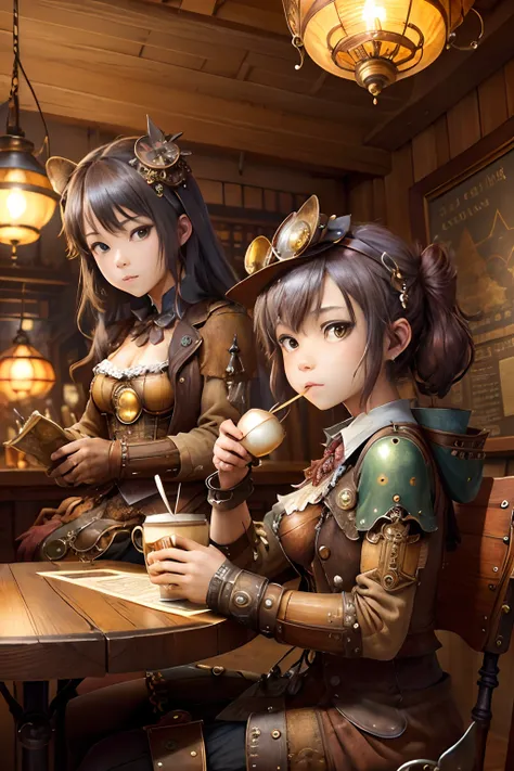 (Masterpiece:1.2)。(top-quality:1.2)。steampunkai。In a corner of a steampunk-style eatery、Two high school girls looking at the map while drinking coffee、Consulting something with a serious expression。Half-eaten sandwiches on the table。