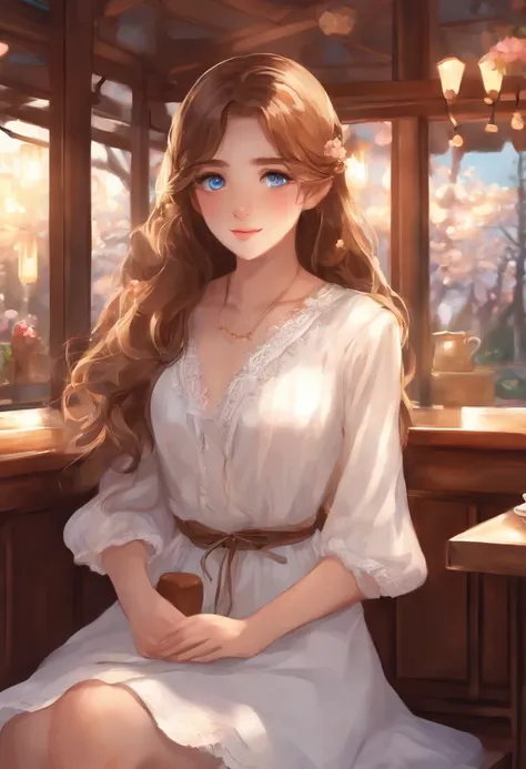 Art by Cornflower、dream-like（Blue eyes and long brown hair、Beautiful anime style girl in her teens。White Dress。Sitting in a box seat in a café、Nodding while hugging the Nintendo Switch sadly。）