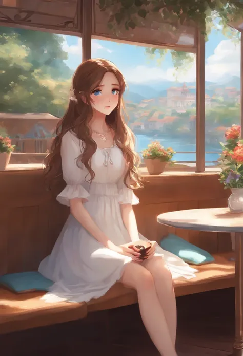 Art by Cornflower、dream-like（Blue eyes and long brown hair、Beautiful anime style girl in her teens。White Dress。Sitting in a box seat in a café、Nodding while hugging the Nintendo Switch sadly。）