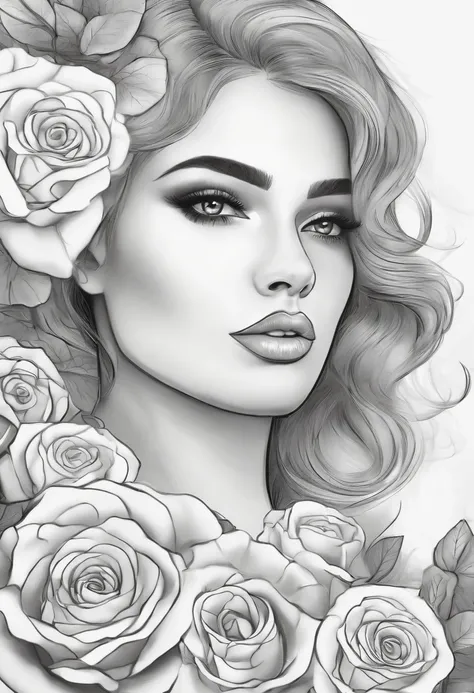 cercado por rosas, close-up headshot, dynamic pose, Grayscale illustration, Desenho de Adulto para colorir，Cidade de Atenas